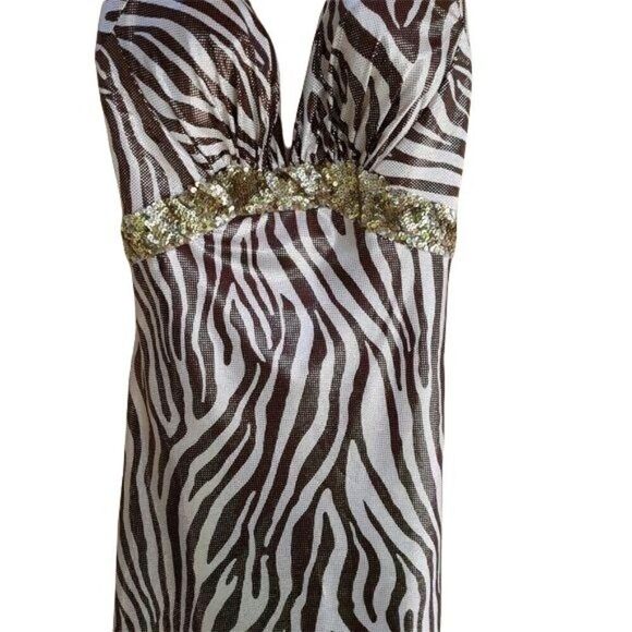 Y2K La Femme Racerback Dress 10 Formal Metallic Bronze Zebra Plunging V Strappy - Picture 5 of 11
